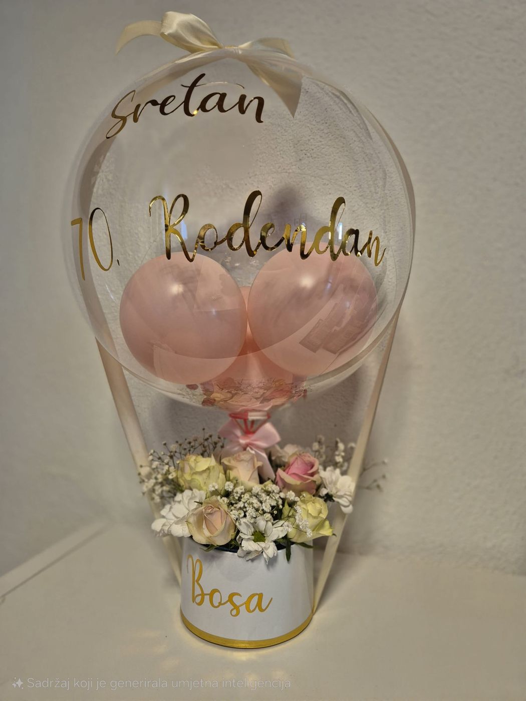 Personalisierter Ballon mit rosa Ballons und Blumenbox
