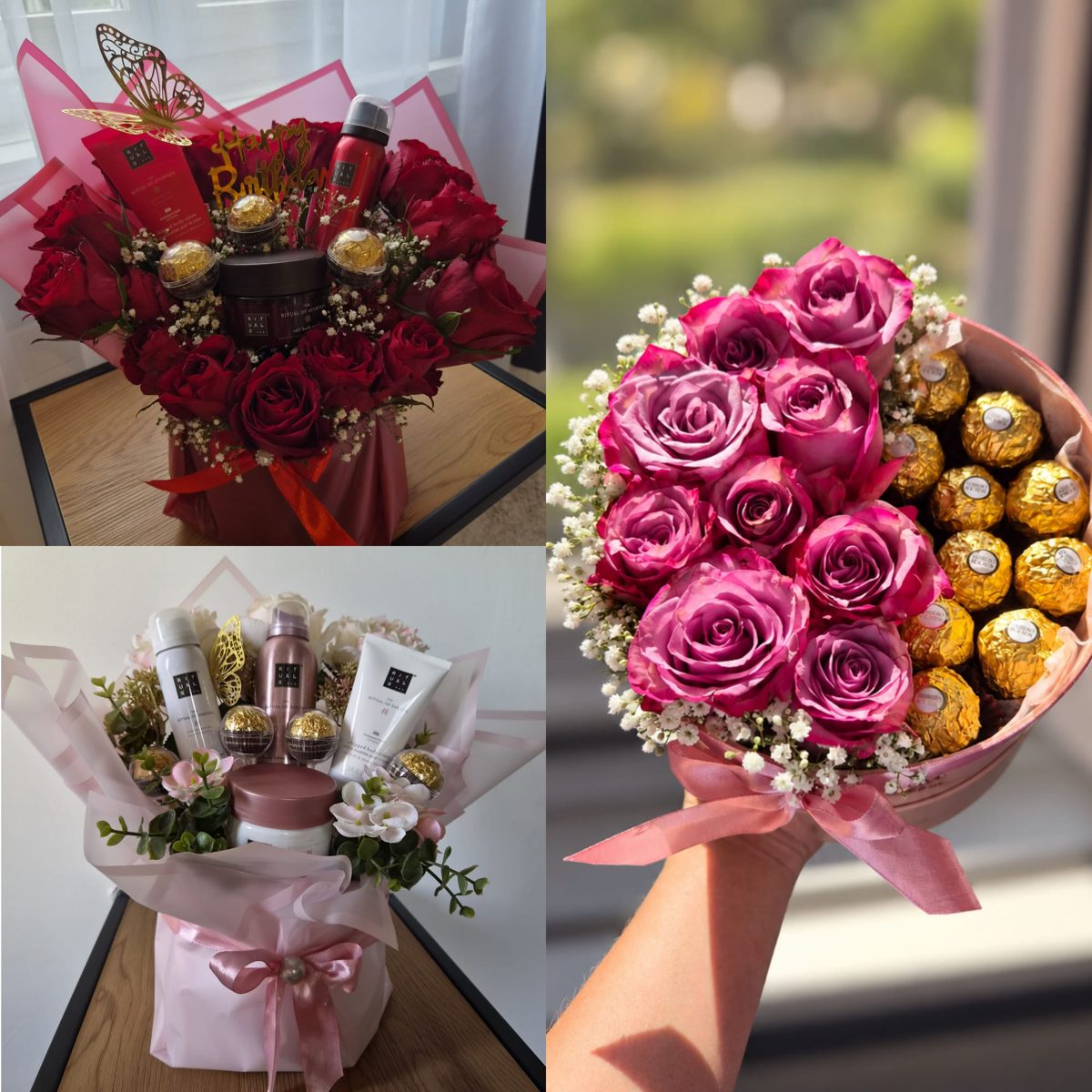 Geschenksträusse mit Rosen, Pralinen und Pflegeprodukten in Rot und Rosa
