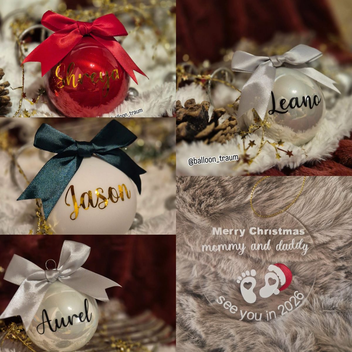 Personalisierte Weihnachtskugeln mit Namen und Satinschleifen in Rot, Weiss und Silber